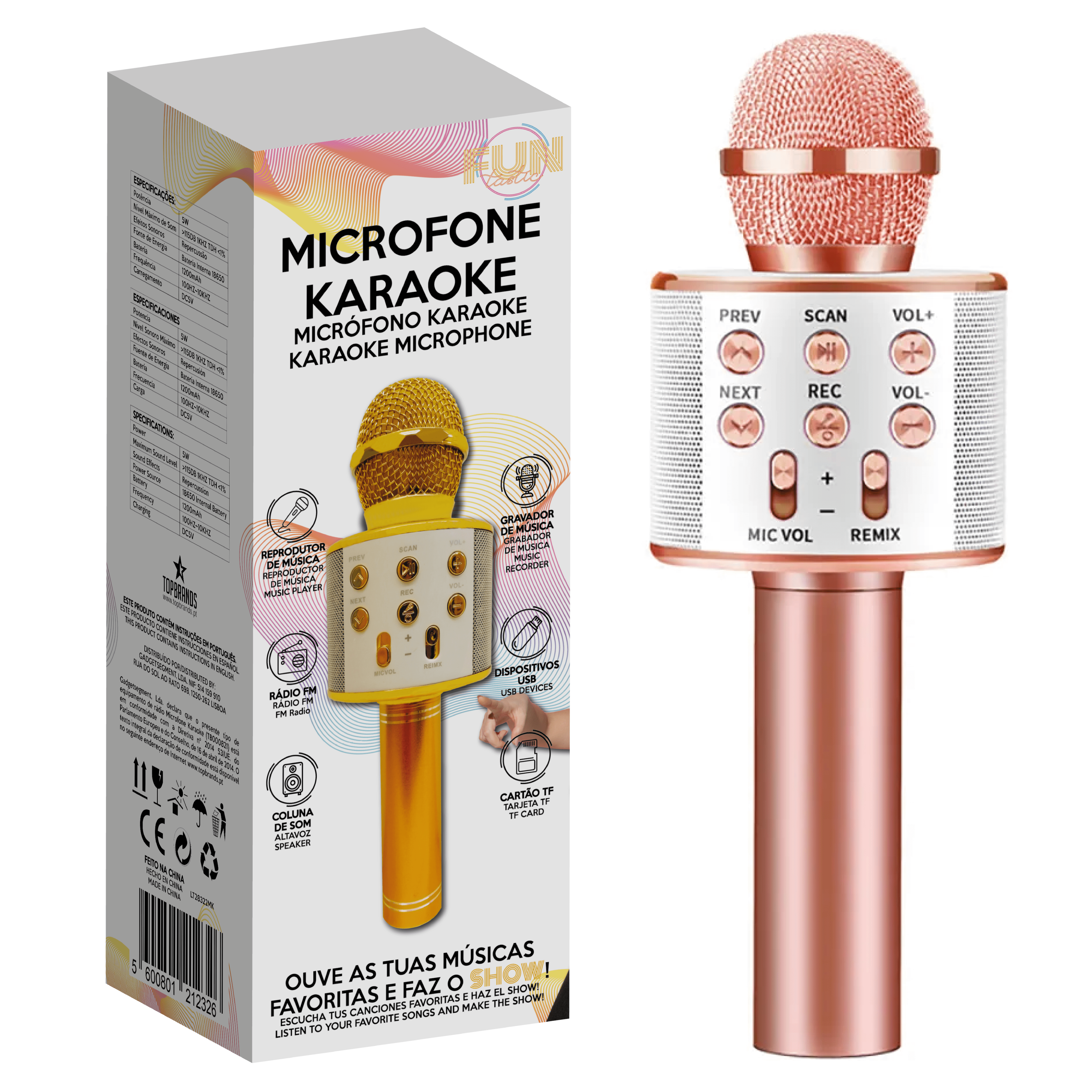 MICROFONE KARAOKE ROSE GOLD FUNTASTIC