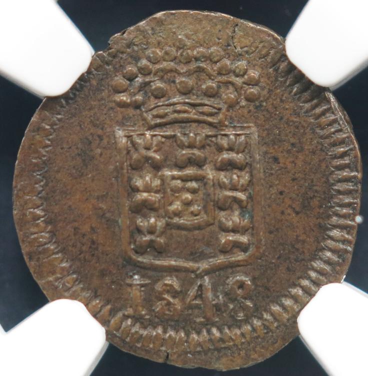 Índia D. Maria II 3 Réis 1848 Goa Cobre NGC MS62 