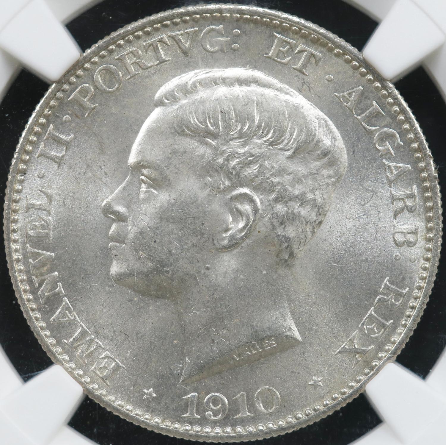 D. Manuel II 500 Réis 1910 Prata Marquez de Pombal NGC MS64