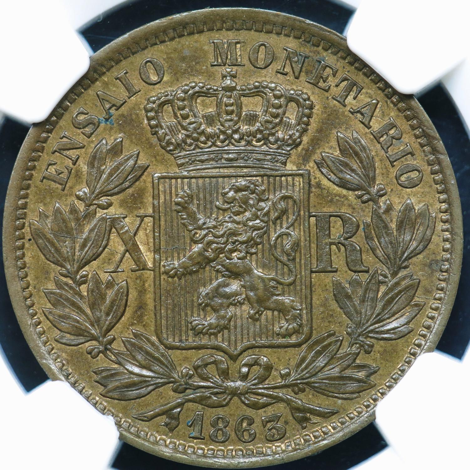 D. Luís I X Réis 1863 Cobre Prova NGC MS62 BN