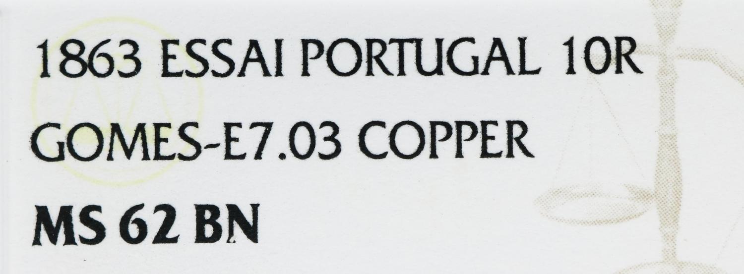 D. Luís I X Réis 1863 Cobre Prova NGC MS62 BN